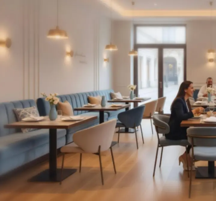 Interior modern de restaurant cu atmosferă luminoasă și oaspeți relaxați