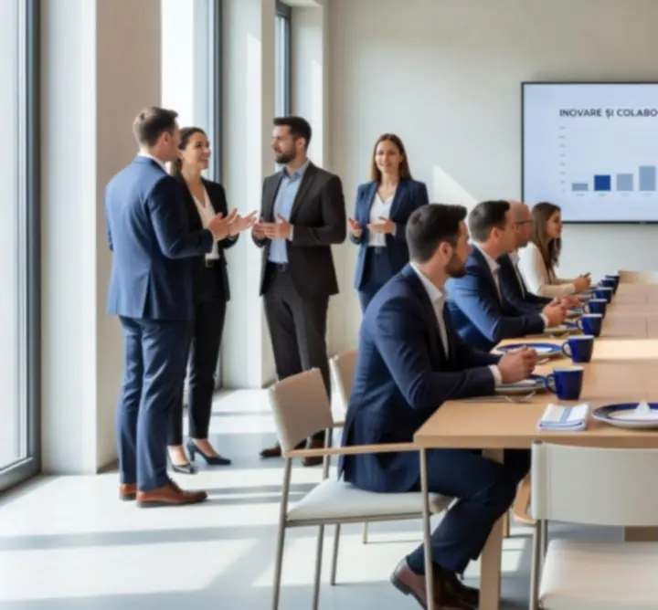 Setup corporate elegant la Romania Event Hub cu ecran de prezentare și mese aranjate