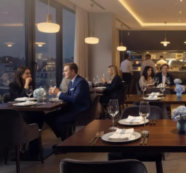 Interior elegant de restaurant cu invitați care se bucură de o seară specială la Romania Event Hub