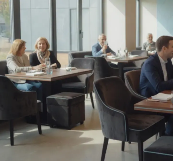 Interior elegant de restaurant cu mese pregătite pentru o seară de socializare la Romania Event Hub