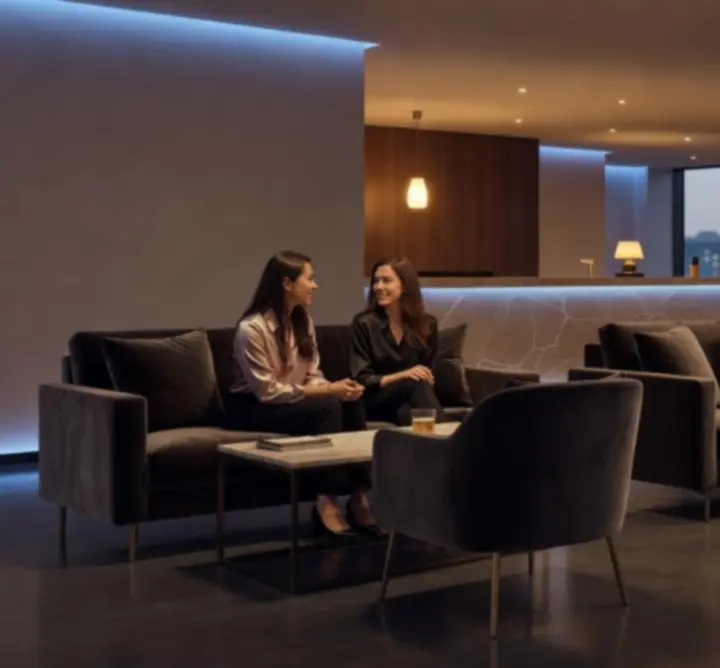 Lounge premium cu lumini calde și accente moderne în nuanțe de albastru