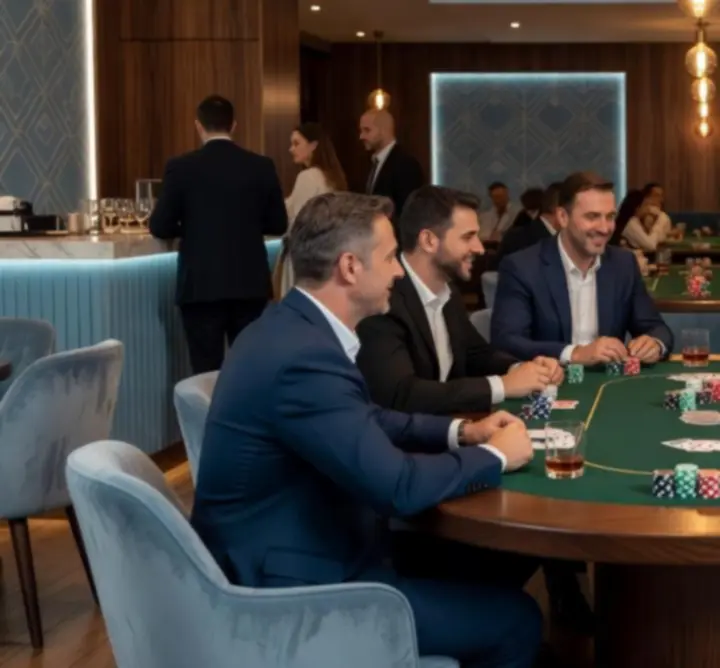 Interior elegant de restaurant cu masă de poker și oaspeți care socializează într-o atmosferă caldă.