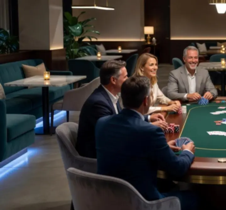 Lounge de poker elegant cu masă aranjată, iluminat cald și accente moderne.