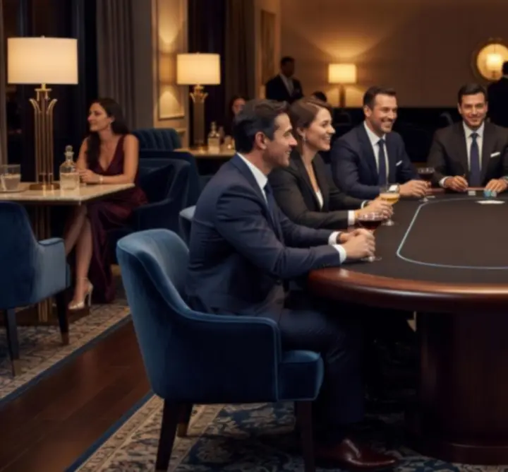 Masă de poker elegantă într-un lounge luminos, cu invitați care socializează relaxat