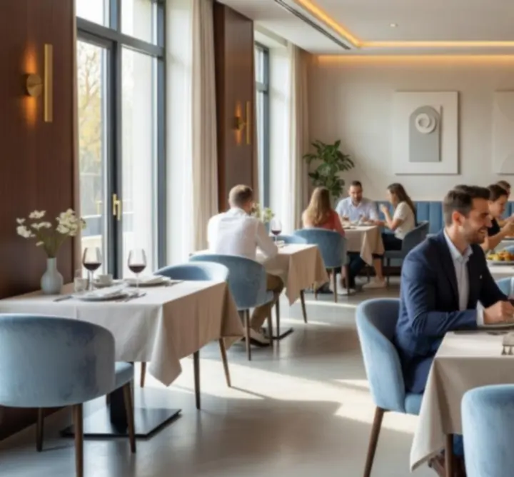 Interior modern și luminos al restaurantului România Event Hub, cu mese elegante și atmosferă primitoare.