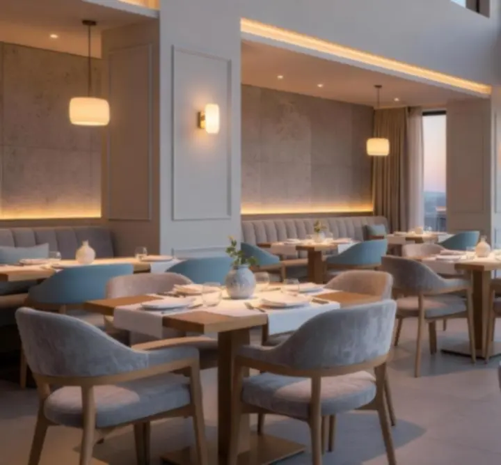 Interior spațios al restaurantului România Event Hub, cu lumină caldă și accente bleu elegante.
