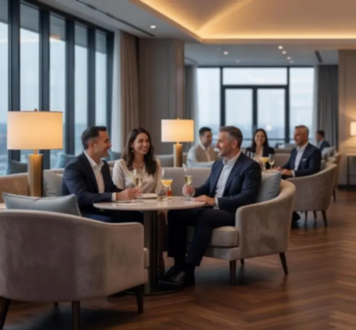 Lounge elegant cu lumini calde, mese confortabile și invitați care socializează relaxat.