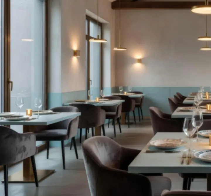 Interior modern de restaurant cu lumină caldă și mese pregătite pentru o seară specială.