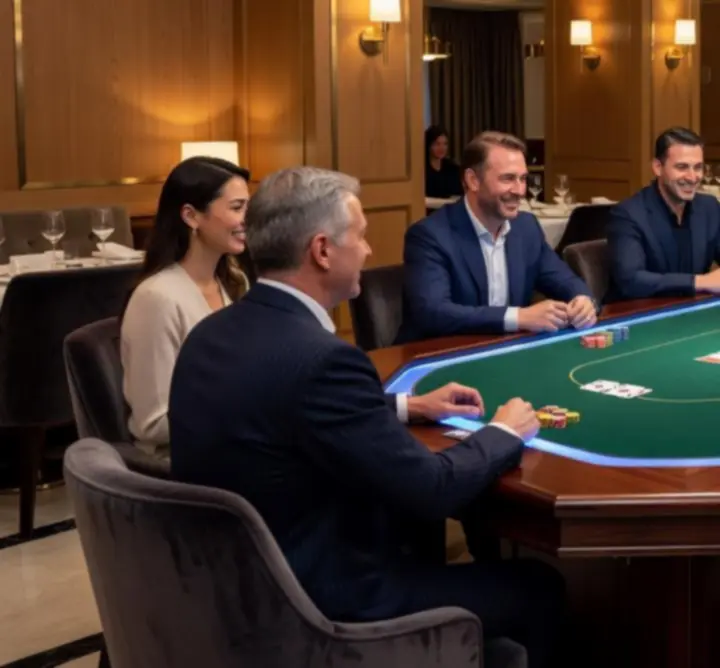 Invitați reuniți la o masă de poker într-o atmosferă relaxată și modernă