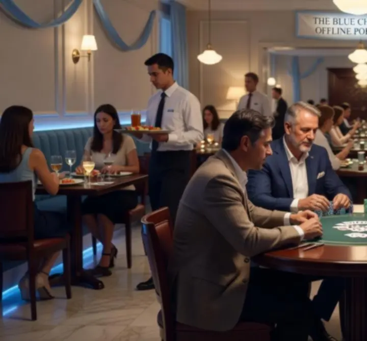 Seară tematică de poker cu decor modern, lumină caldă și invitați care se bucură de atmosferă.