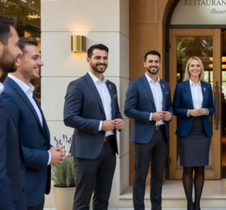 Echipă de profesioniști în ospitalitate întâmpinând oaspeții cu zâmbetul pe buze