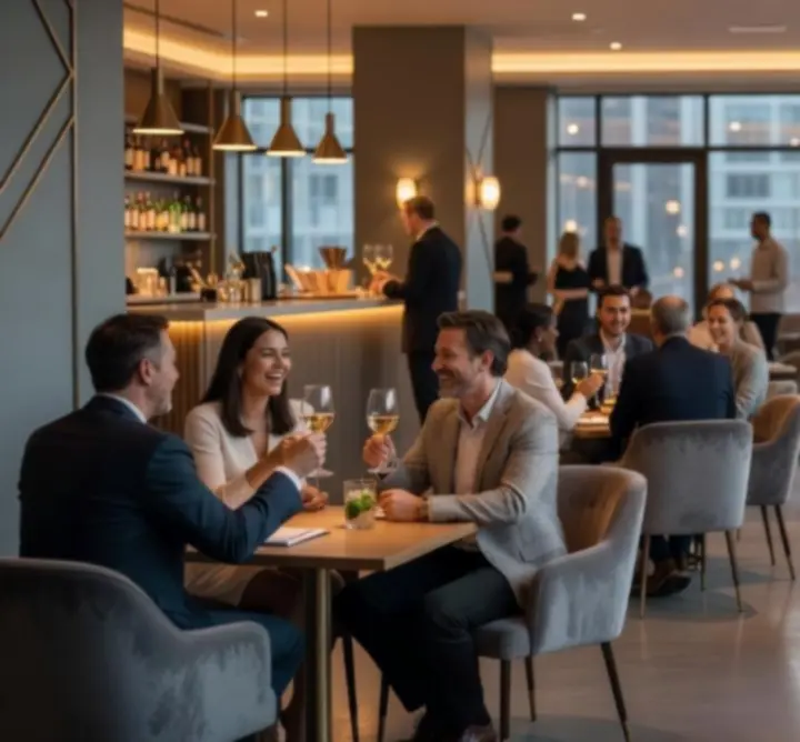 Interior social al Romania Event Hub, cu mese iluminate și invitați care se bucură de atmosferă